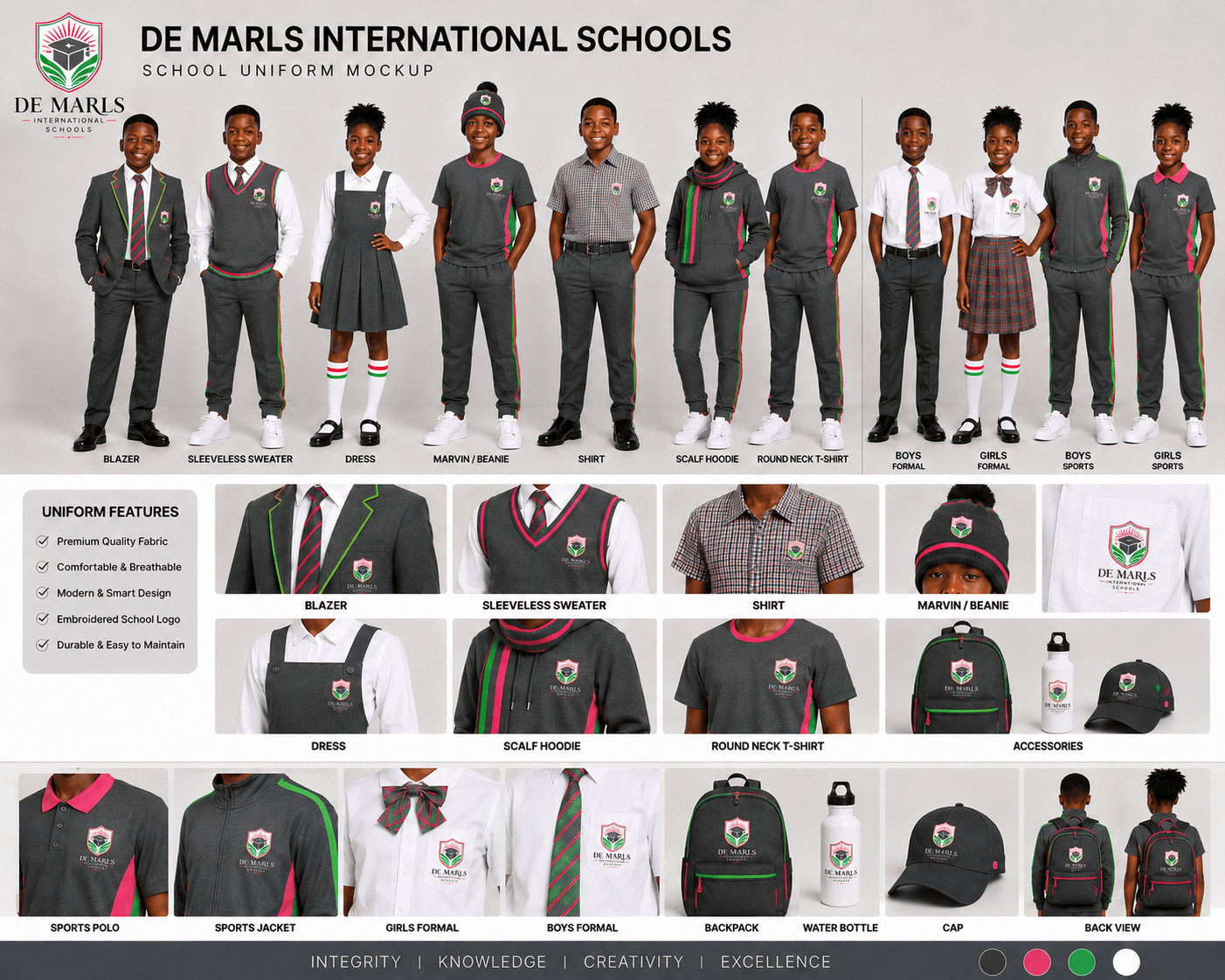 De Marls International Schools — Full Uniform Mockup showing all uniform items including formal wear, sports kit, and accessories